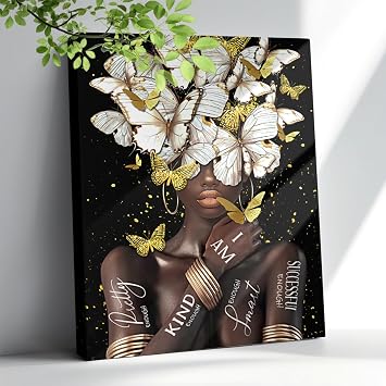 African American Wall Art Abstract Black Girl Canvas Wall Decor Butterfly Black Woman Painting Modern Aesthetic Pictures Framed Artwork For Bathroom Living Room Bedroom 12"x16"