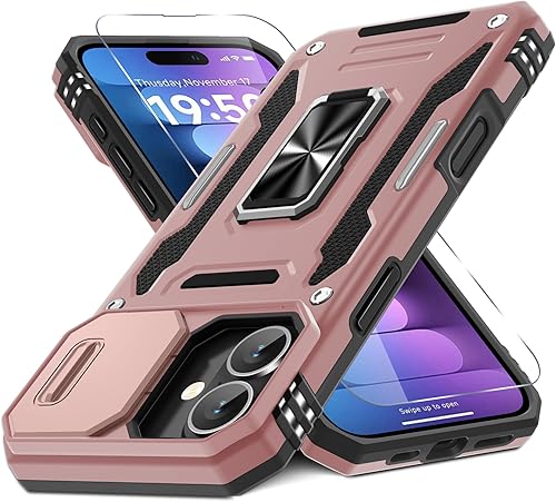 Miniatura 88 de DEERLAMN Funda para iPhone 14 Plus con cubierta deslizante para cámara + protector de pantalla (1 paquete), soporte de anillo giratorio con base