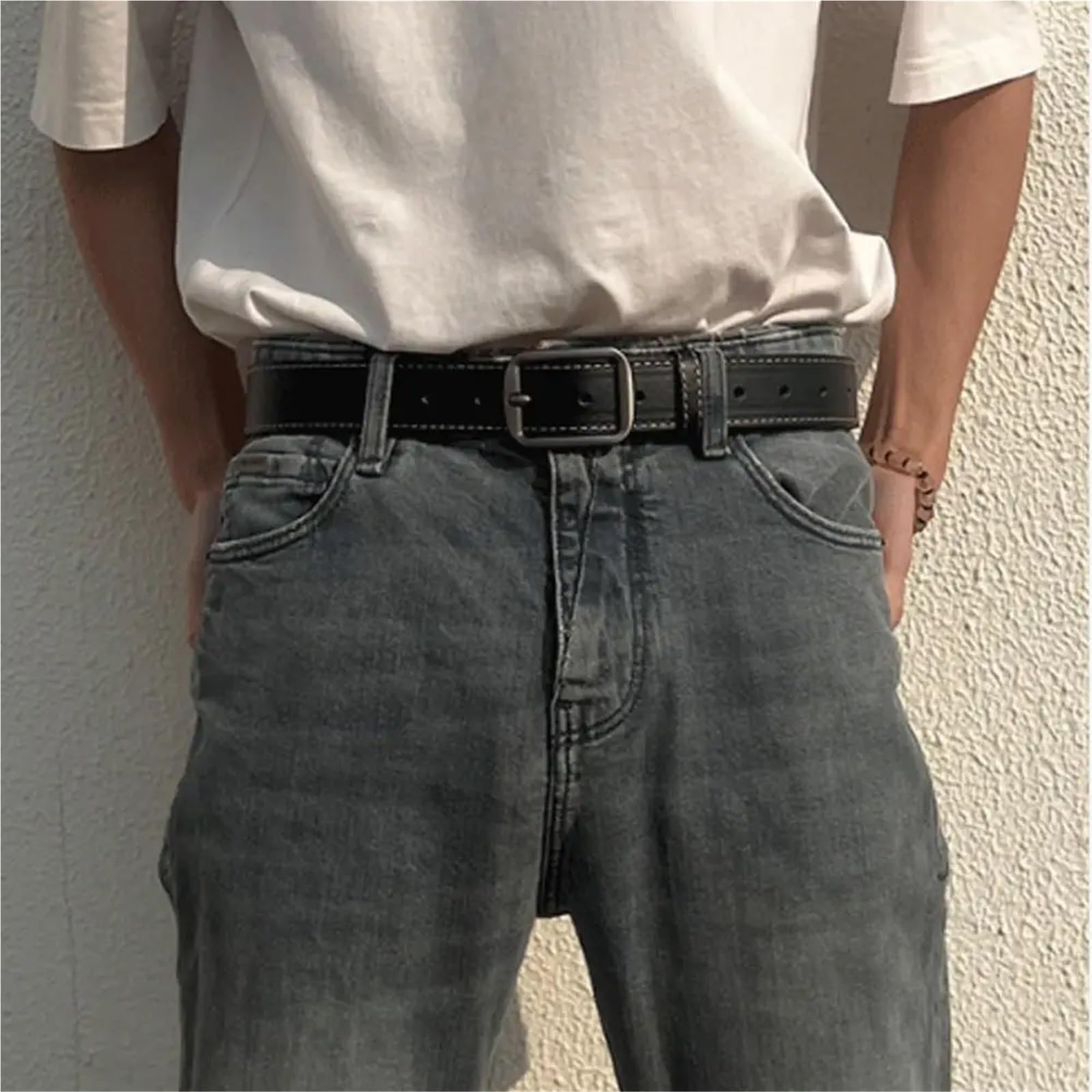 Ceinture Homme 2 pièces Ceinture en Cuir for Hommes Boucle ardillon Jean Ceinture Noire Dames Sangle Vintage Ceinture pour Jeans(120cm)