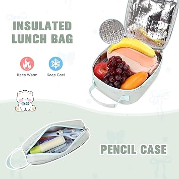 Bevalsa Backpack for Girls, Bow School Backpack for Kids with Lunch Bag & Pen Case, Cute Bookbag for Teens Girls Children for Elementary Middle High College Student, Back To School Gift (Green)