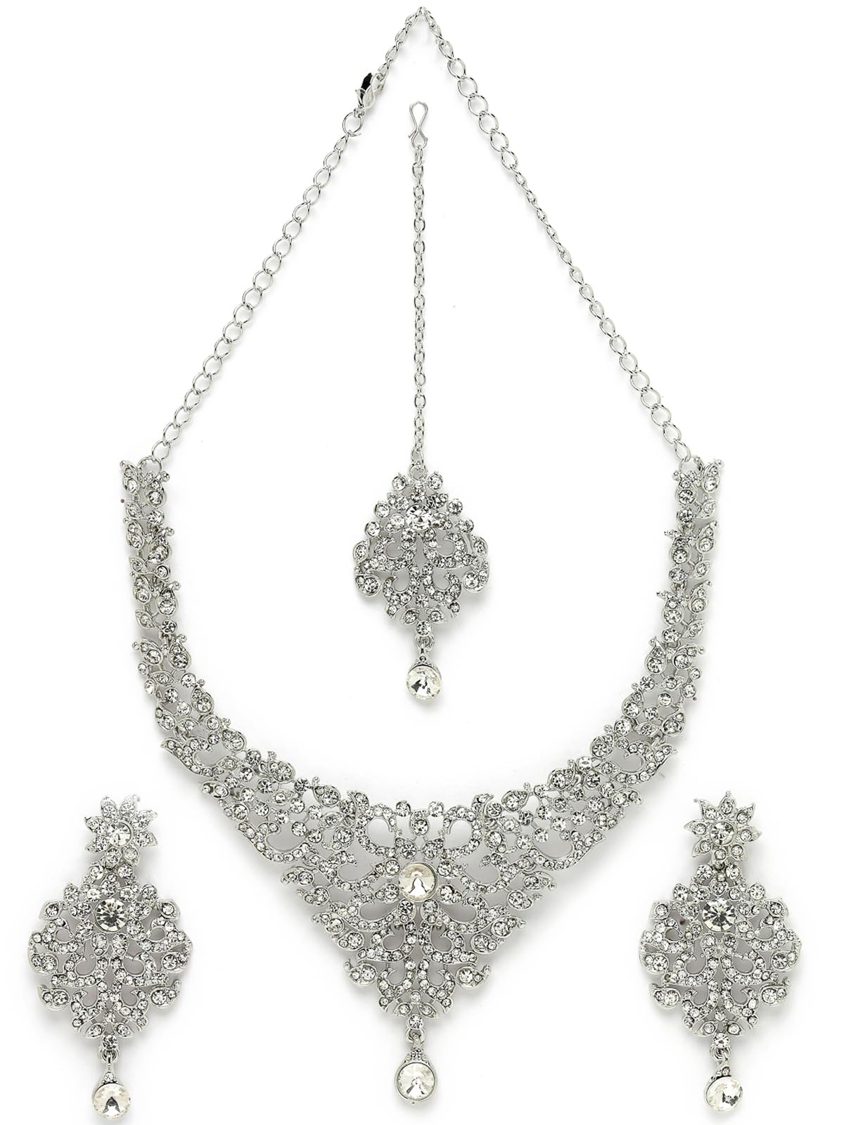 Sukkhi Luminous Rhodium Plated Silver AD White Stone Collar Bone Necklace Set With Earring And Maangtika | Jewellery Set For Women (NS105667) (B0CBB9G8F9) Amazon Price History, Amazon Price Tracker
