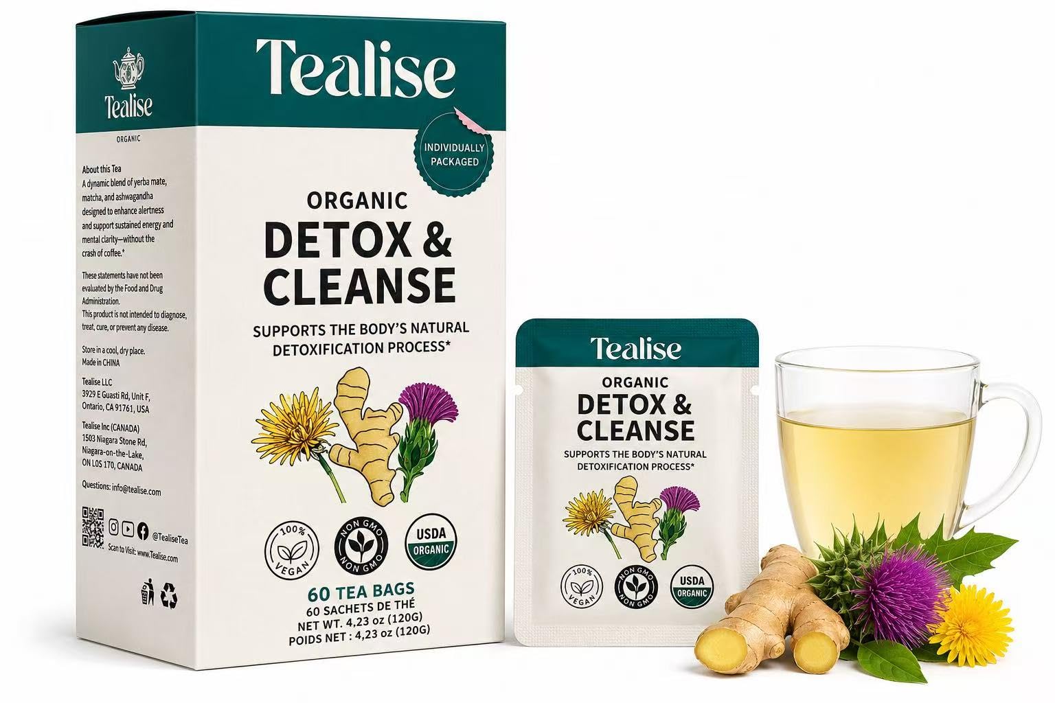 Tealise Organic Detox & Cleanse Tea – Milk Thistle Tea, Dandelion Root Tea & Ginger Root – Caffeine Free Herbal Tea 60 Individually Wrapped Tea Bags
