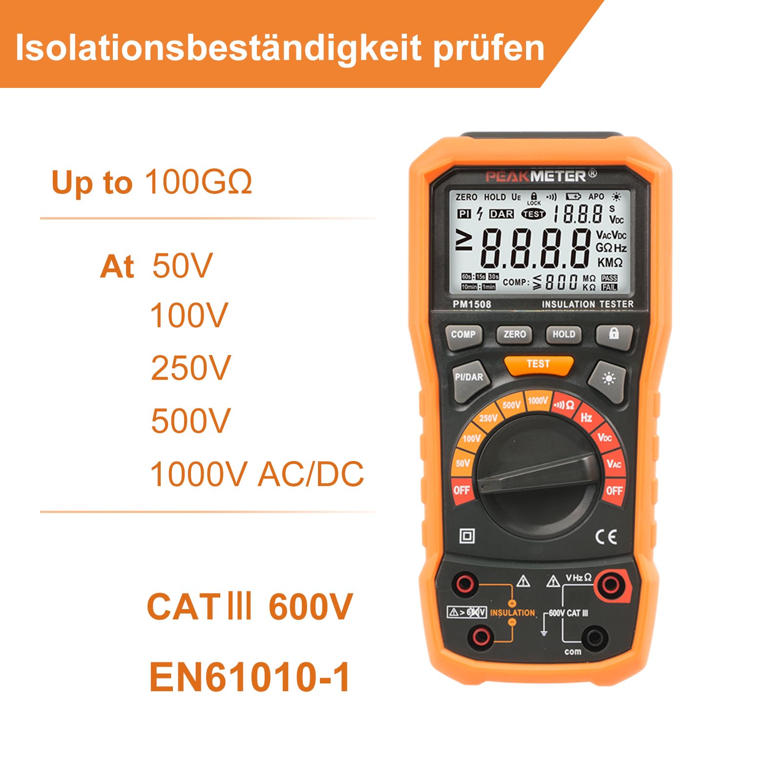 Digital Megohmmeter Isolierungs-Widerstand-Prüfvorrichtung 1000V AC/DC für elektrische Ausrüstung und isolierenden Widerstand bis zu 100GΩ mit PI/DAR, Frequenz und Niederspannungsprüfung