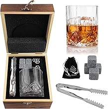 Ghazpmuk Whiskey Glass Set, Whiskey Accessories Set, Whiskey Gift Set for Men, Gifts for Men Incl 4 Whiskey Stones 1 GlassesCoasters Velvet Bag Ice Tongs