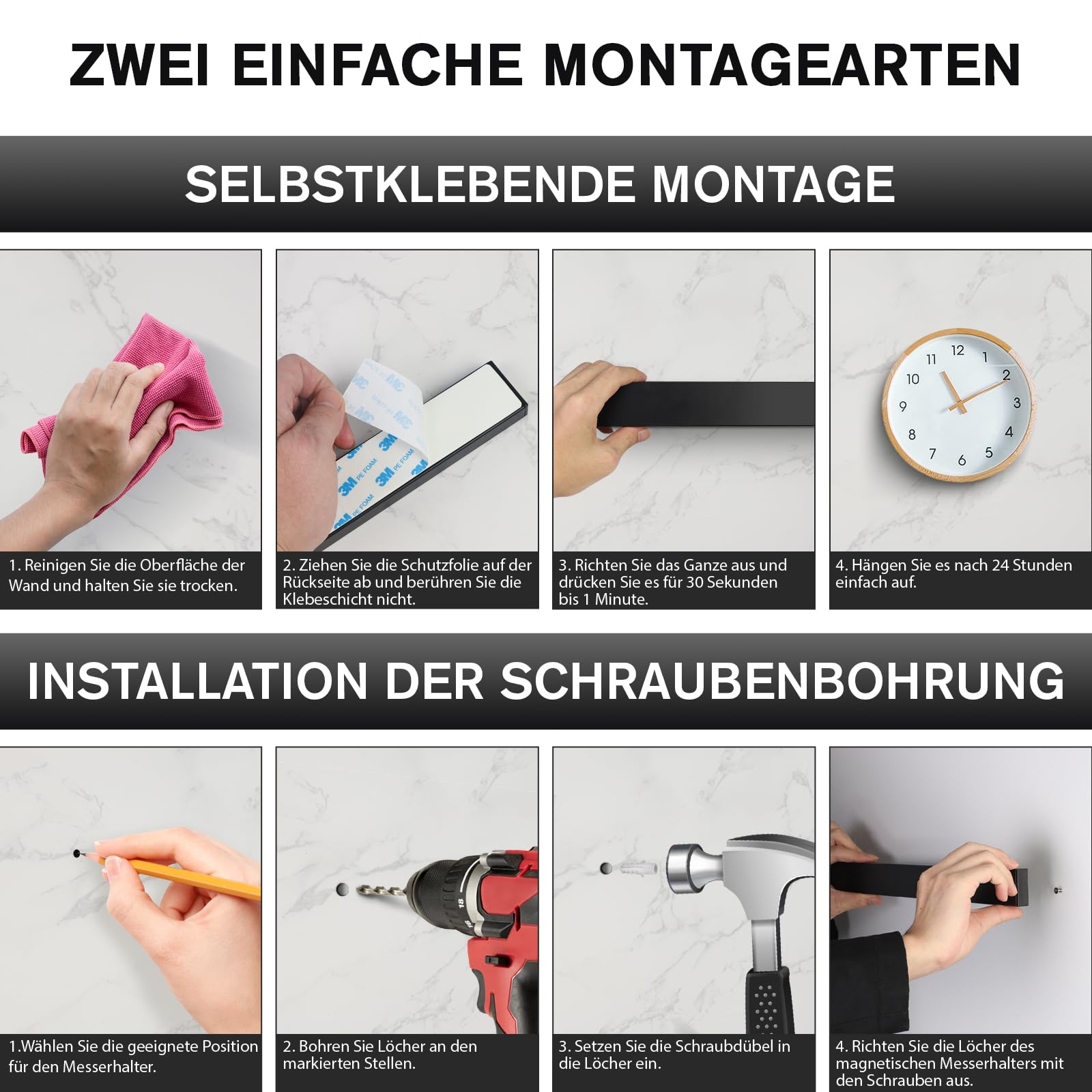 Porte Couteaux Aimanté 30cm, INOX Aimant Couteau Mural, Barre Aimantée pour Couteaux et Ustensiles, Barre Magnétique sans Perçage pour Cuisine, Noir