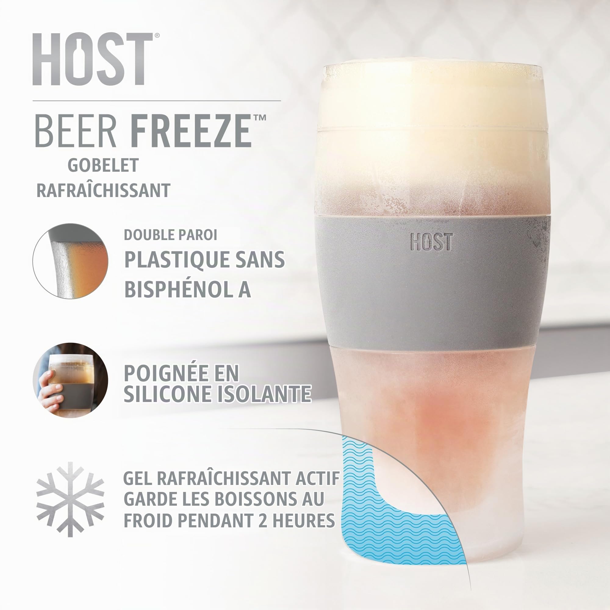 Host Freeze - Lot de 2 Verres à bière de 47 cl, Verres à Pinte à Double paroi Plastique Contenant Un Gel réfrigérant, Gris