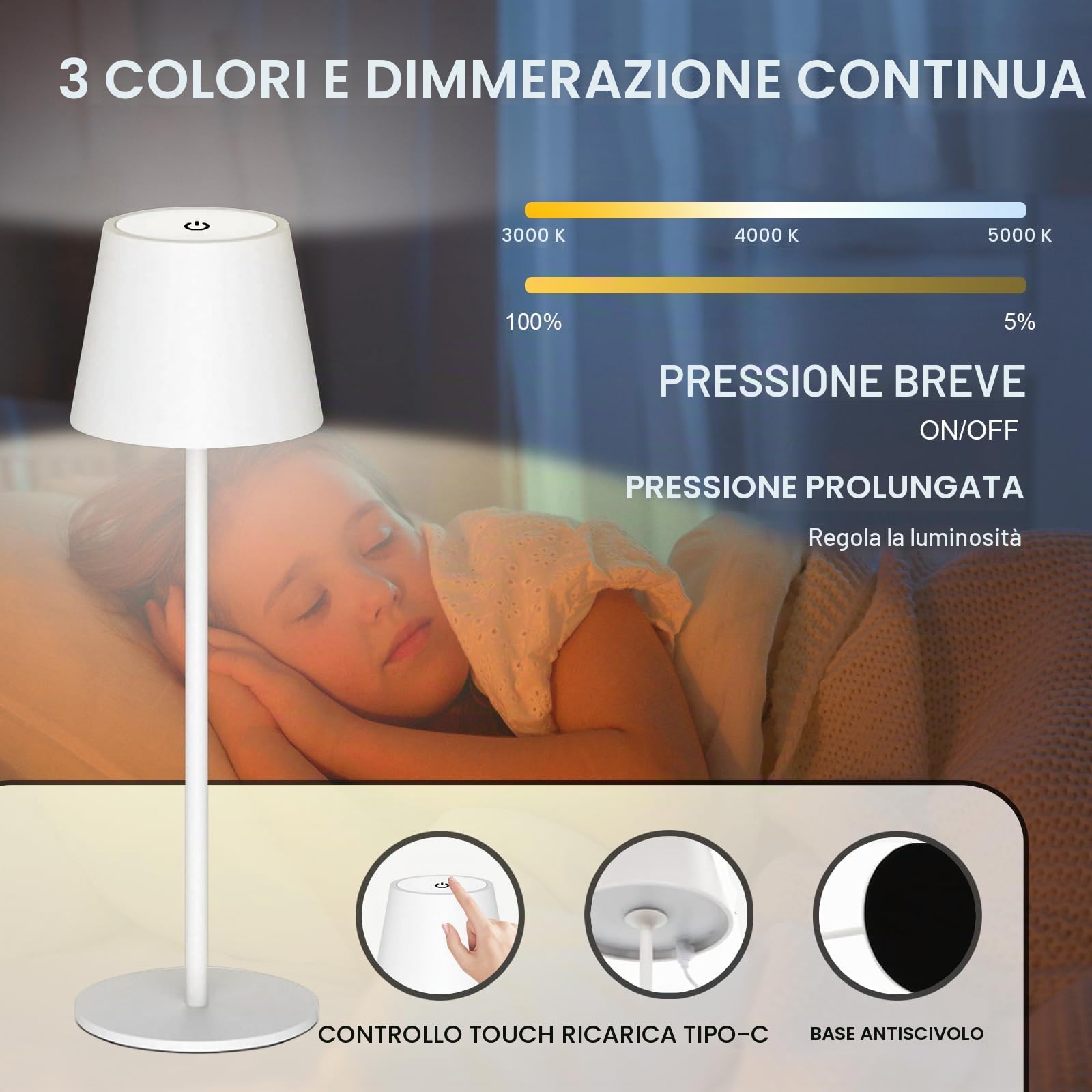ANTELA Lampada da Tavolo LED Senza Fili Ricaricabile per Interni/Esterni
