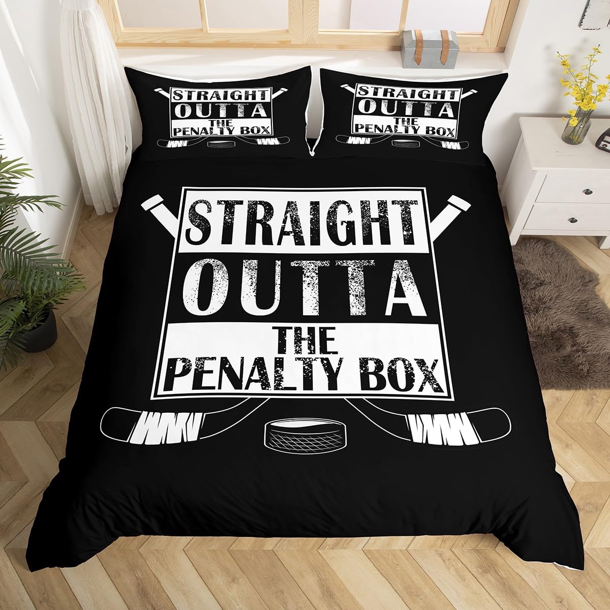 Homemissing Kids Ice Hockey Bedding Set Double Size Outta the Penalty Box Duvet Cover for Boys Girls Winter Sports Comforter Cover Set Bedspread Cover Room Decor,1xDuvet Cover+ 2xPillow Shams
