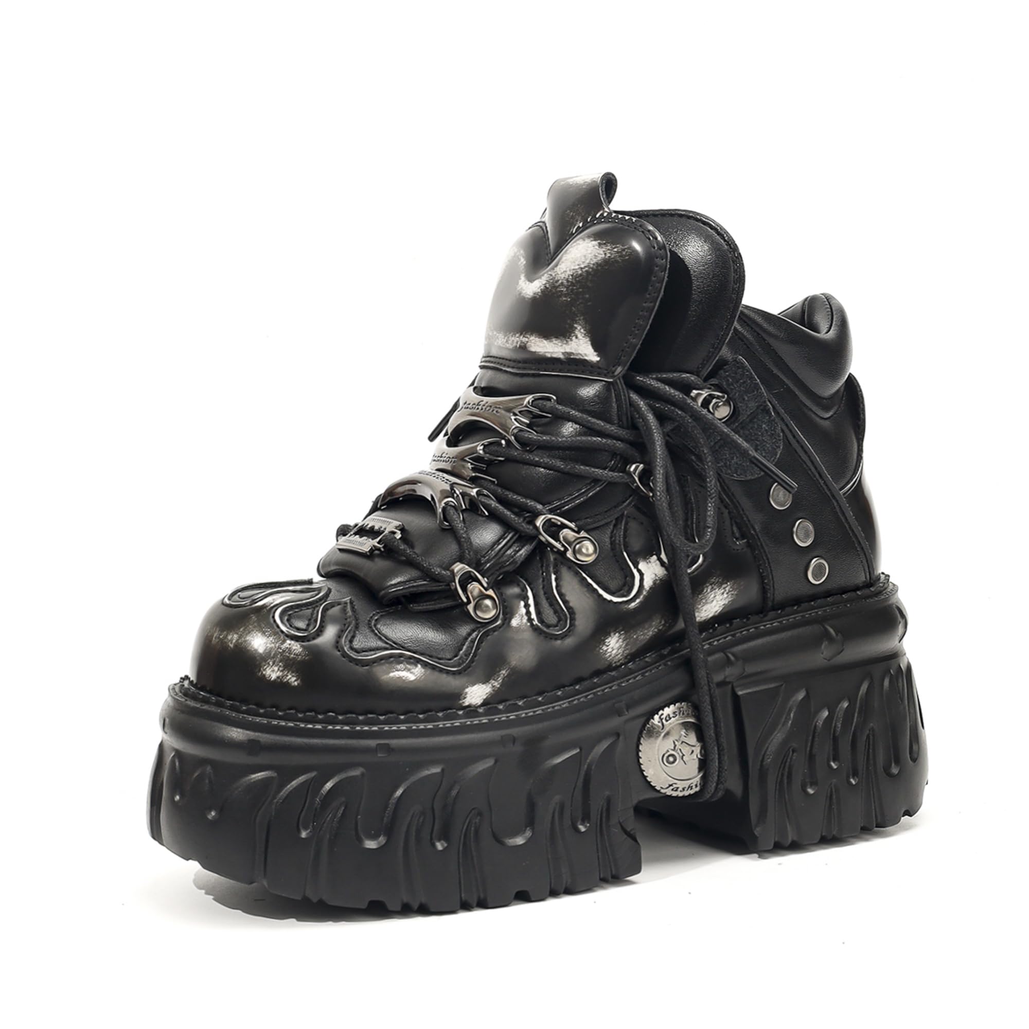 Stivali con Plateau Gotici da Donna, Scarpe Stile Punk Rock Heavy Metal Stivaletti Stringati Chunky con Design a Fiamma e Dettagli in Metallo