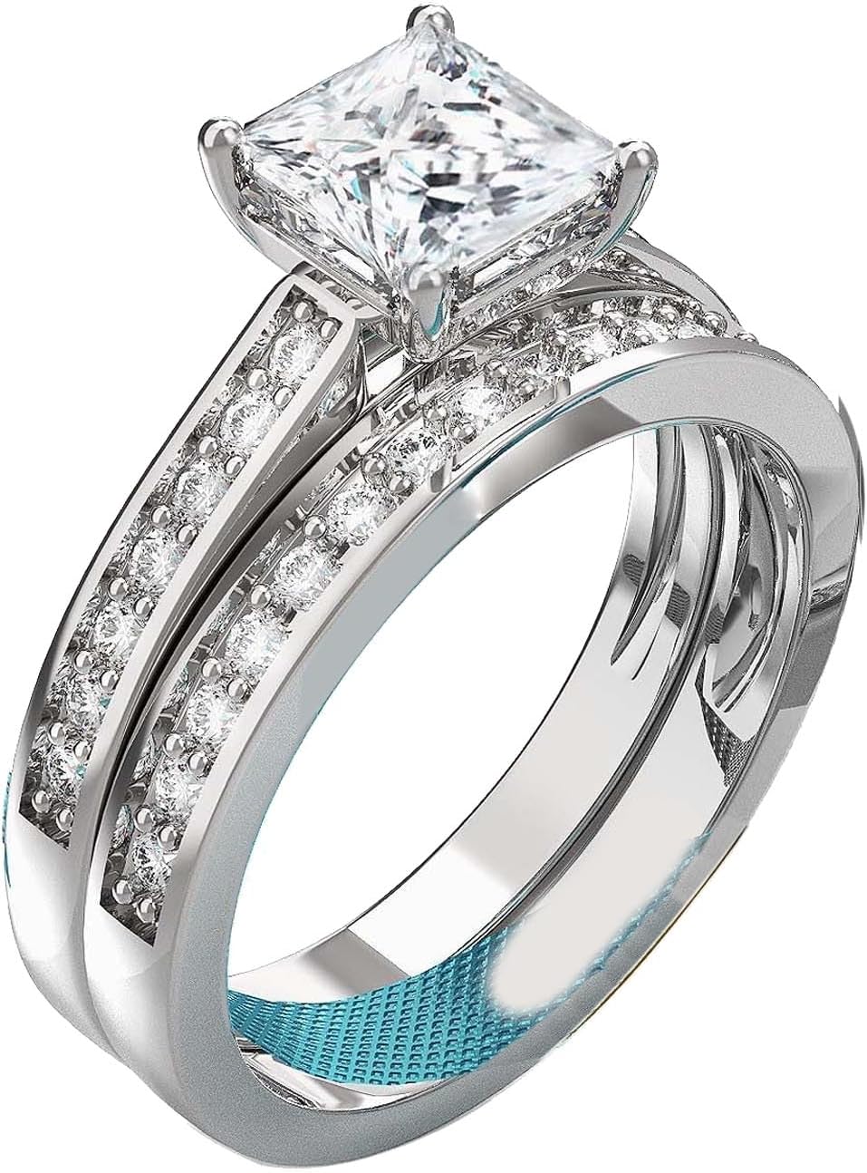 Adjustable size WHite and Blue Wedding Ring Sets for Women 1ct CZ S925 Sterling Silver Engagement Ring