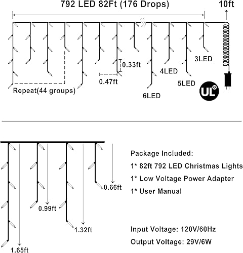 Miniatura 6 de 792 luces LED de Navidad para exteriores con 176 gotas, cortina de luces colgantes de 82 pies, 8 modos, luces de hadas de Navidad con temporizador y