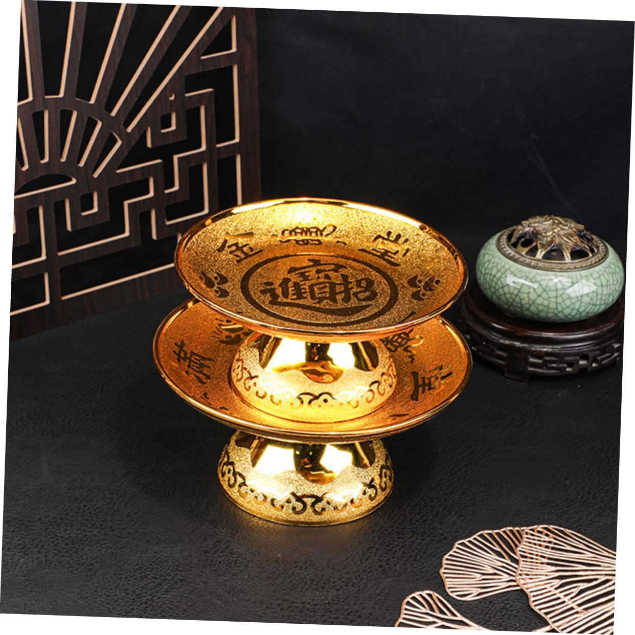 Abaodam 2pcs Golden Buddhist Fruit Tray Offering Bowl, Plastic Bowl with Floral Pattern, 17.5x17.5CM, For Altar Use, Rituals, Decor