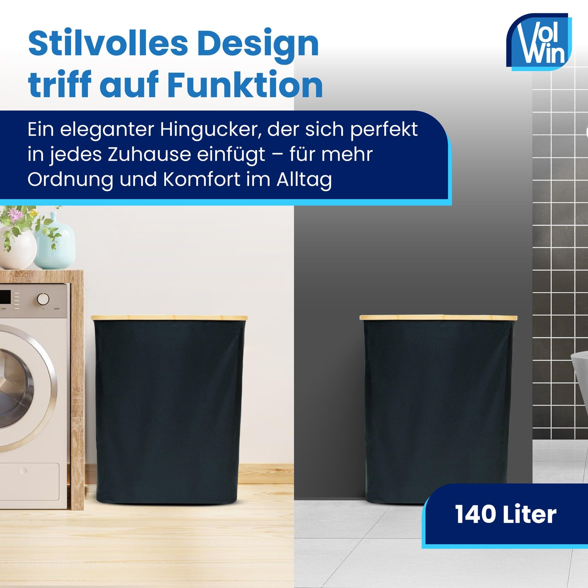 Wäschekorb schwarz 140L – Faltbar & mit Deckel – 2 Fächer + 3 Wäschesäcke & 2 Waschnetze – Aus Oxfordstoff 600D – Wäschesortierer & Wäschetruhe für Bad, Schlafzimmer & Haushalt