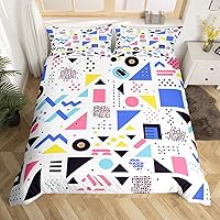 Vista 25 de Juego de funda de edredón estilo Memphis, tamaño matrimonial, diseño abstracto colorido con puntos funky para niños y niñas, funda de edredón