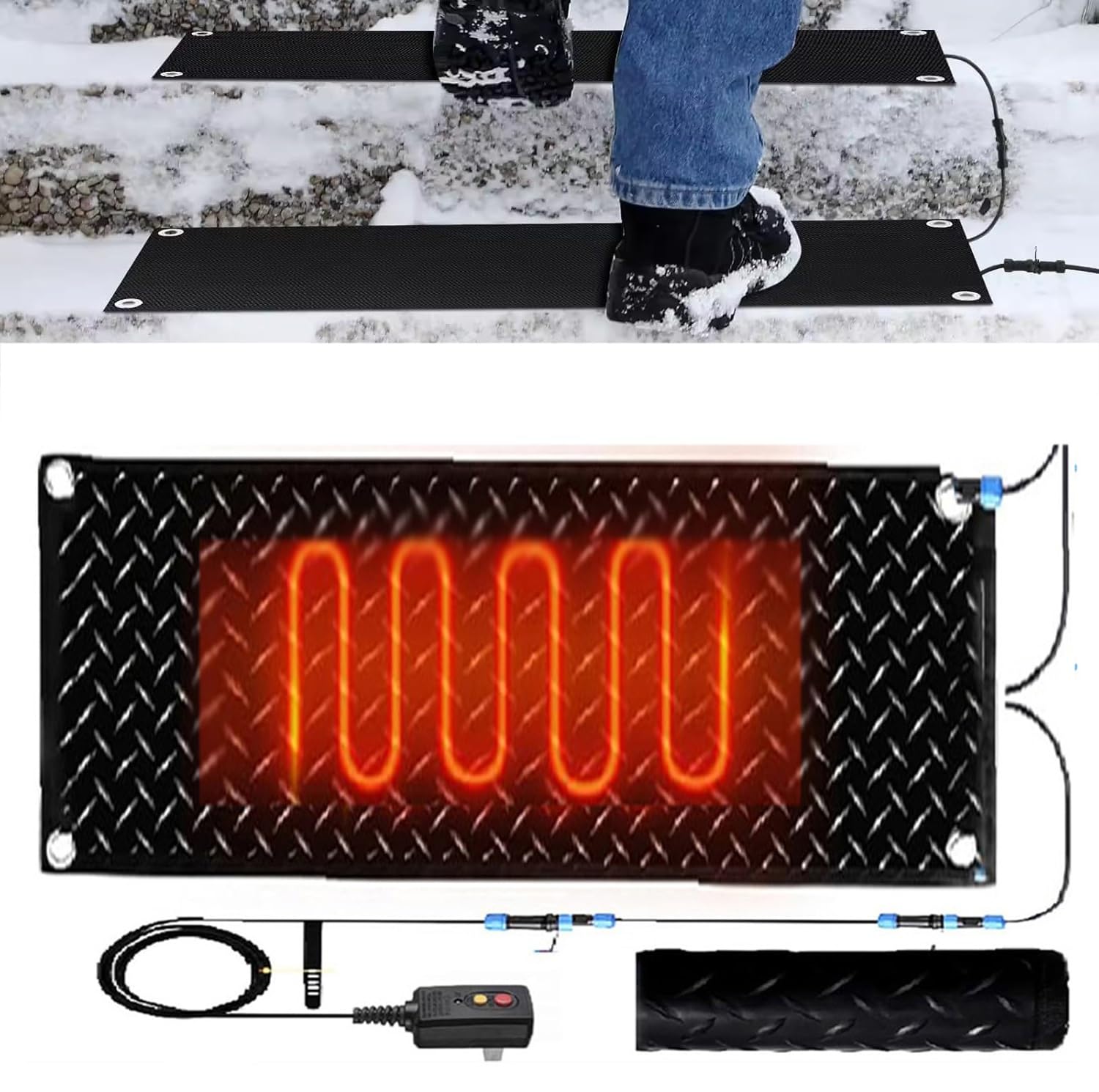Tapis de sol en caoutchouc chauffés pour la neige à l'air - Antidérapant - Pour allées, allées et trottoirs, connexion avec câble d'alimentation de 3,5 m pour escaliers de