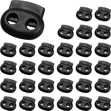 pson 30PCS Plastic Spring Cord Lock Toggle Stopper, Double Hole Fastener Slider Buttons, Clip End Stopper for Drawstrings, Shoelaces and Bags Black