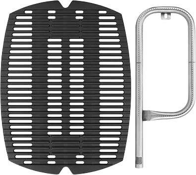 DELSbbq 7582 Cast Iron Grill Grate and 60040 Grill Burner for Weber Q100 Q120 Q1000 Q1200 Baby Q 386001 386002 516002 516001 50060001 5106000 Grills, Replacement Parts for 7644, 60040