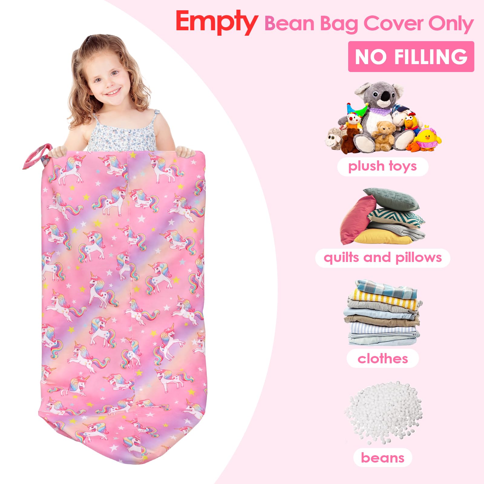 Puf de Almacenamiento de Animales de Peluche con Asa, Bolsa de Frijoles de Peluche para Niños y Adultos de Juguetes, Organizador de Juguetes Extra Grande Plegable (Sin Relleno), Unicornio Degradado