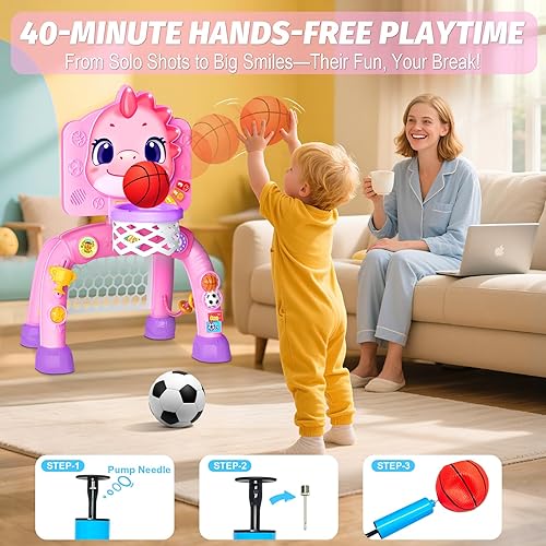 Miniatura 3 de Zerhunt Regalo para niños de 1 a 2 años centro de actividades de juguetes de dinosaurio con músicailuminado, juego deportivo, aro de baloncesto y