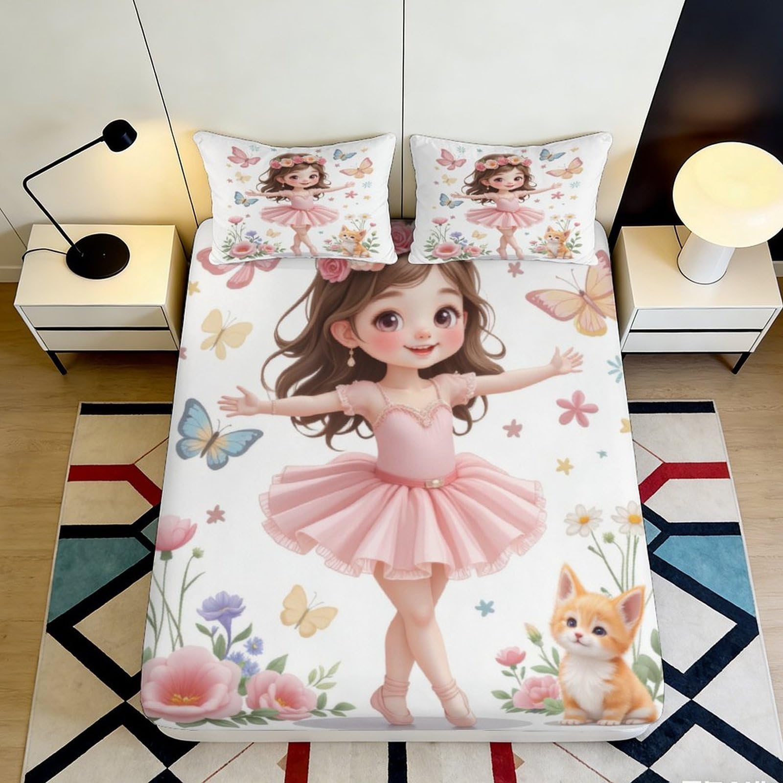 3D Printed Ballerina Princess Fitted Sheet Microfiber Soft Pink Cat Butterfly Bed Cover for Bedroom Guest Room Decor 90x200x25cm