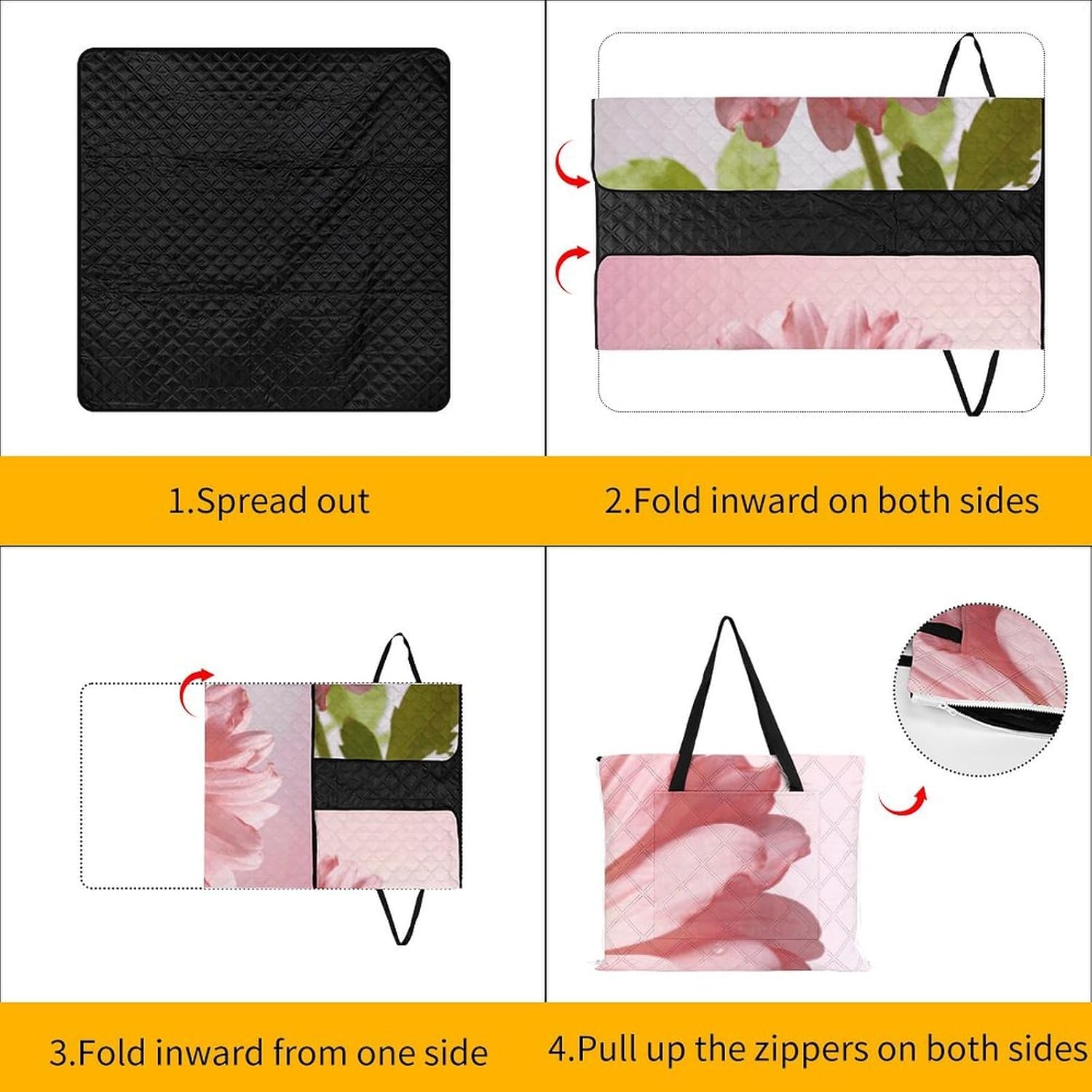 Soft Pink Daisy Picnic Blanket with Zipper Water Resistant Sand Free Picnic Mat Washable Foldable Easy Carry Beach Blanket for Lawn Beach Hiking Camping