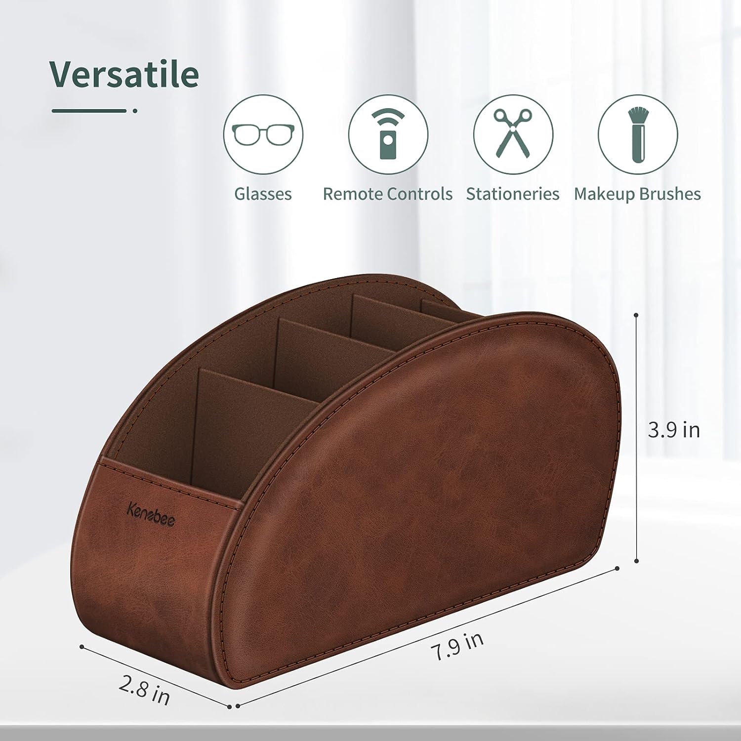 Remote Control Holder with 5 Compartments, KENOBEE Anti-slip Desktop Caddy Storage Organizer for Remote Controllers, Office Supplies, Makeup Brush, Media Accessories, Brown