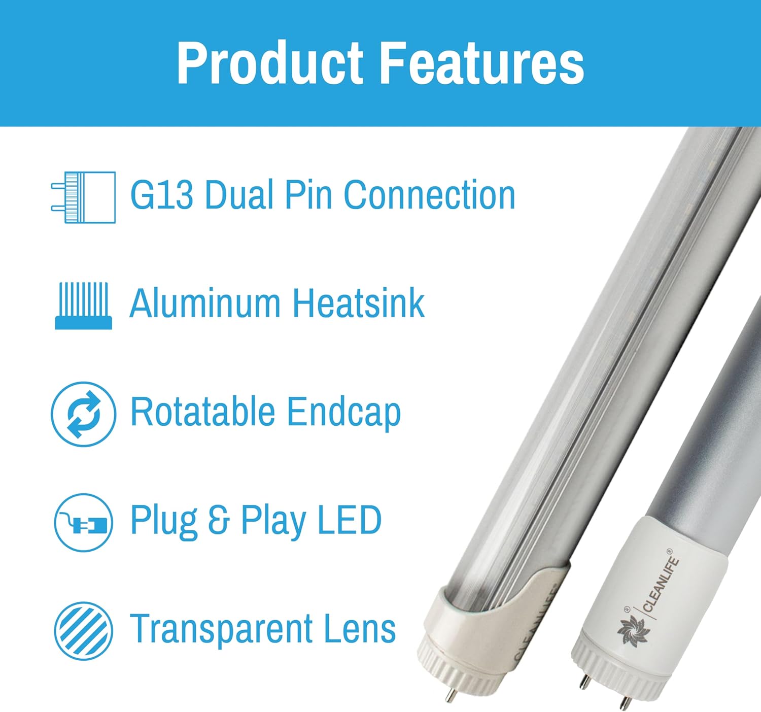CLEANLIFE InstantStart T8 LED Bulbs - Pack of 2 LED Tube Lights - Plug and Play Refrigeration, Fountain & Vending Machine Light Bulb - Rotatable End Caps, G13 2 Prong LED Light Bulb (Transparent, 15")
