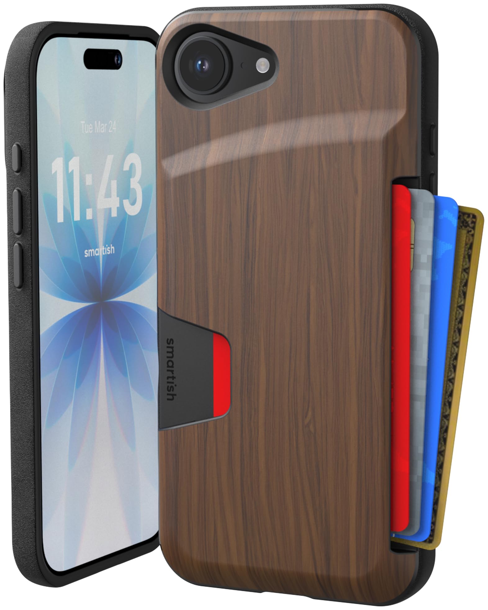 Smartish® iPhone 17e/16e Wallet Case - Wallet Slayer Vol. 1 [Slim + Protective] Credit Card Holder - Drop Tested Hidden Credit Card Slot Cover for Apple iPhone 17e/16e - Walnut Woods