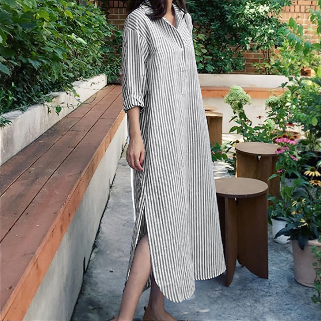 chouyatou Women Casual Long Sleeve V Neck Striped Shift Dress Loose Long Maxi Cotton Shirt Dress with Pocket - Image 3