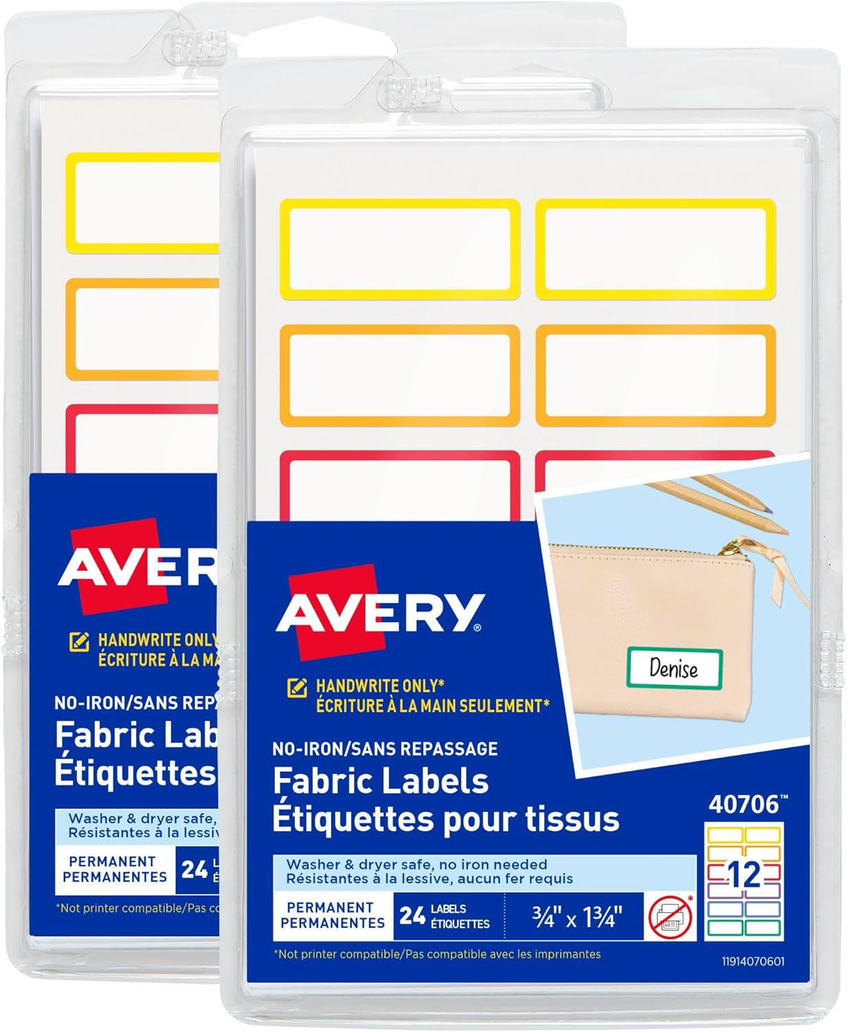 Avery No-Iron Fabric Name Labels, Rainbow Borders Preprinted Designs, Handwrite-Only, 2-Pack, 48 Preprinted Labels (22281)