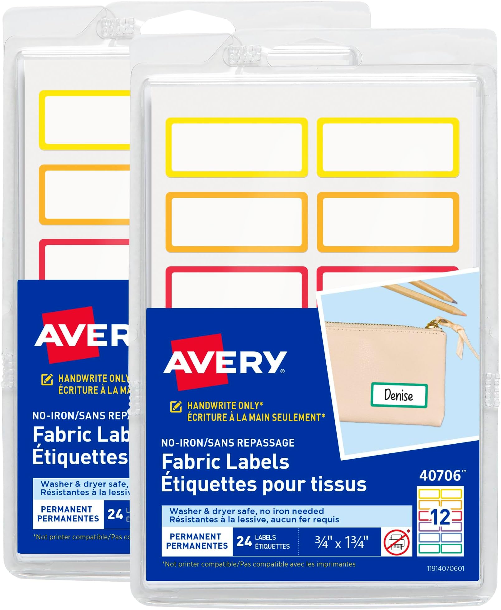 No-Iron Fabric Name Labels, Rainbow Borders Preprinted Designs, Handwrite-Only, 2-Pack, 48 Preprinted Labels (22281)