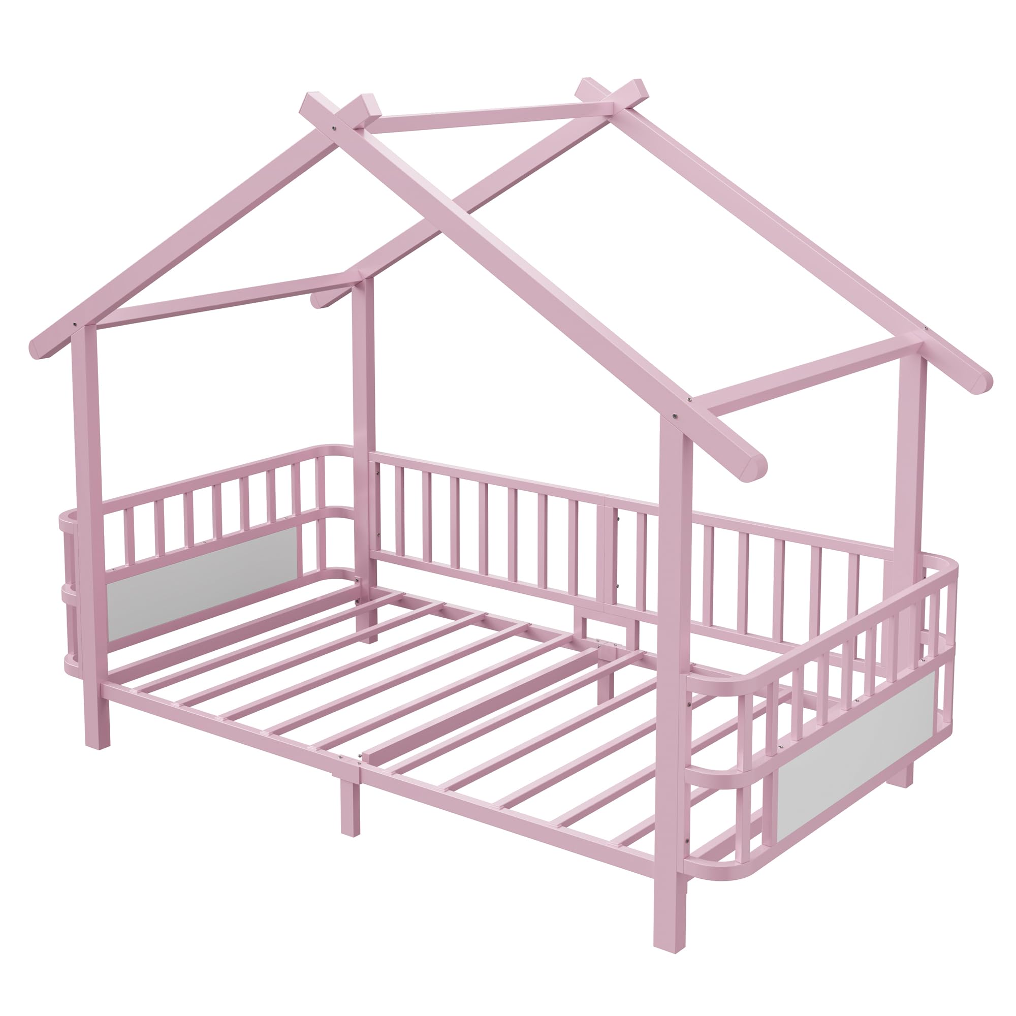 Merax Kinderbett aus Metall in Hausform 90x200 cm mit Sicherheitsgitter & Dachdesign – Rosa (Ohne Matratze)