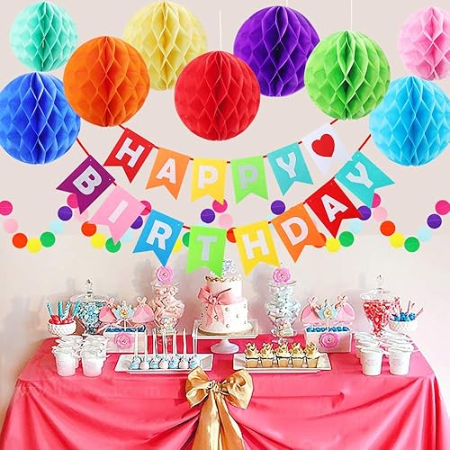 Miniatura 5 de Decoraciones de pancarta de feliz cumpleaños, juego de decoraciones de cumpleaños de arcoíris, banderas de papel con 9 bolas de panal y guirnalda de