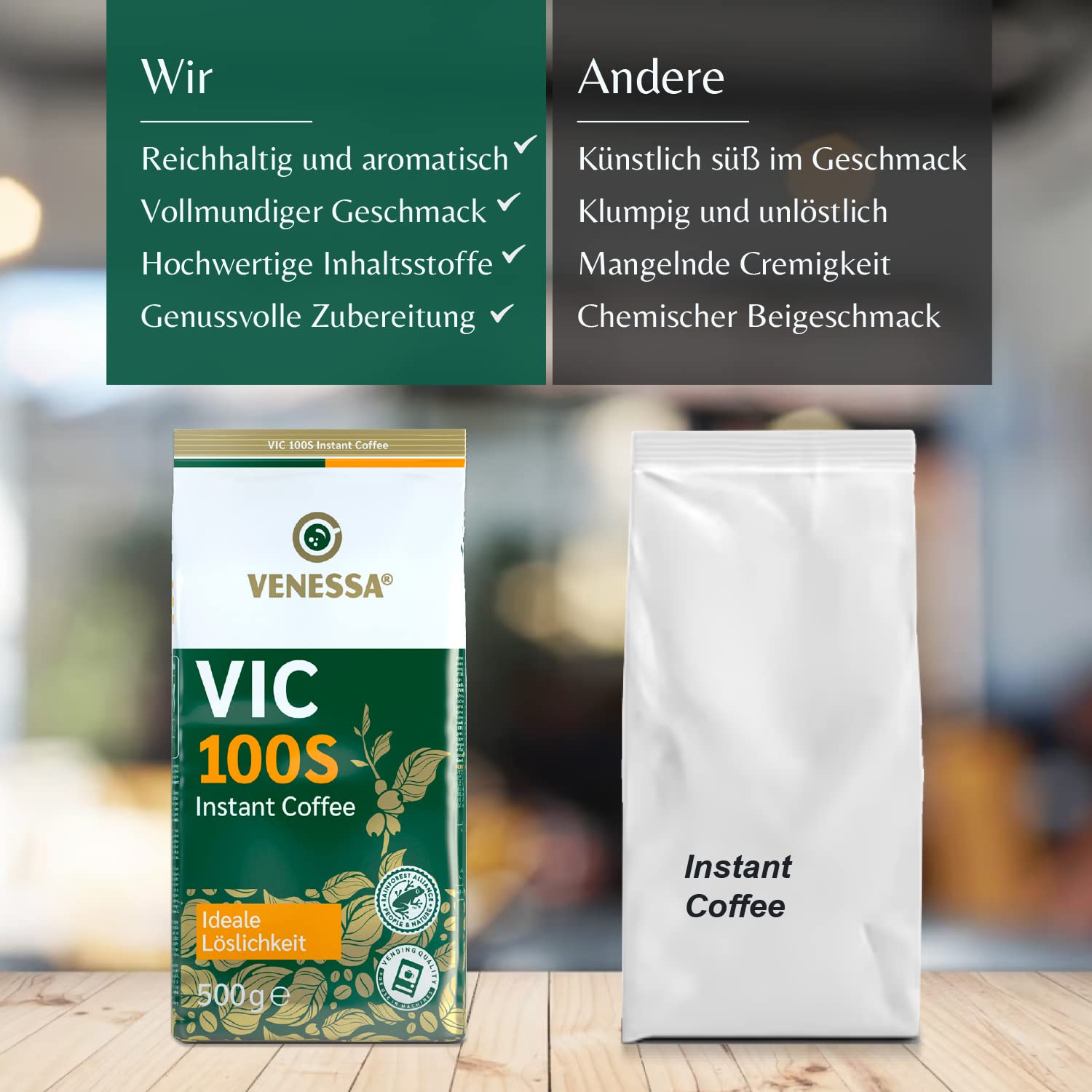 Venessa VIC 100S löslicher Instant Kaffee, 5 x 500g Premium Kaffee für Kaffeeautomaten, Kaffeespezialität, schonend geröstet, gefriergetrocknet, UTZ-zertifiziert