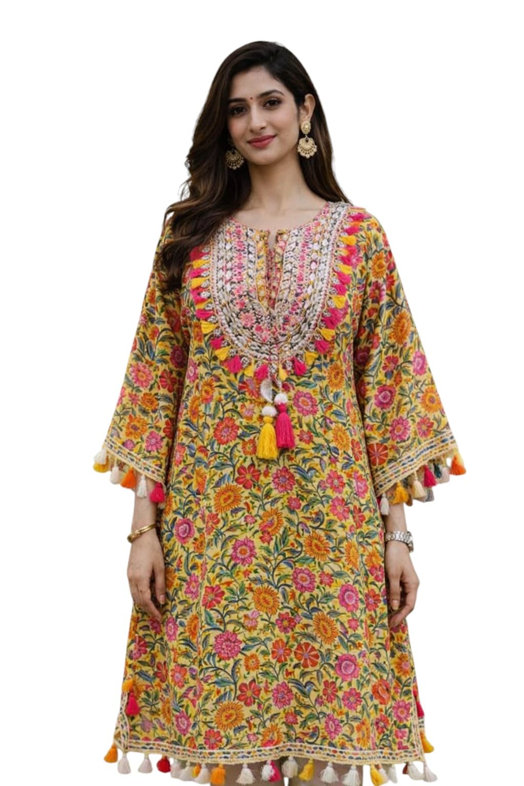 Women's Kaftan Kurta, Floral Print, 3/4 Sleeve with Tassel Detail, Rayon-picture-28