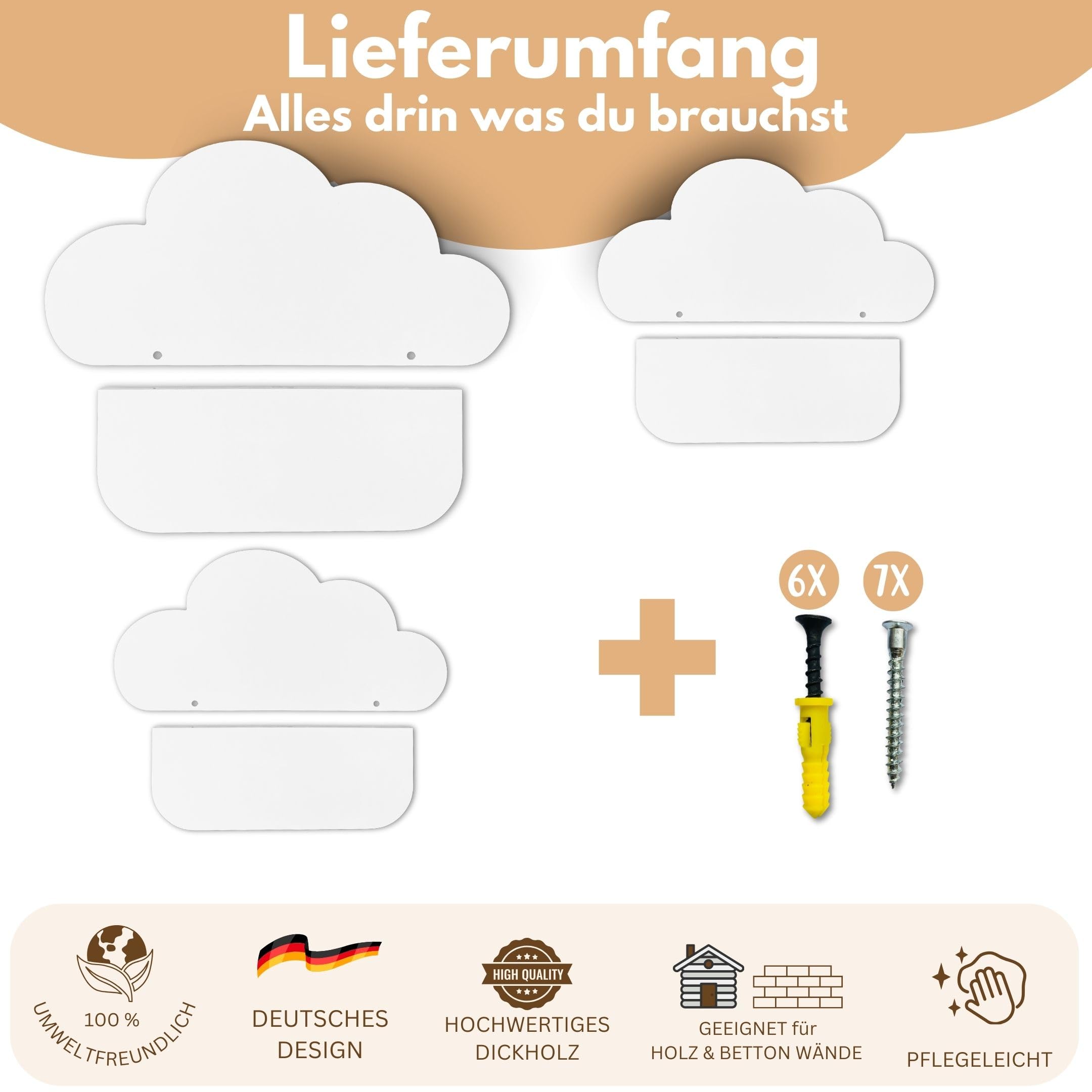 Wolkenregal 3er Set Holz – weiß, pflegeleicht & stilvoll | einfache Montage, nachhaltig & langlebig | Zeitloses Design, Designed in Deutschland | Babyzimmer Deko | Ideales Geschenkset