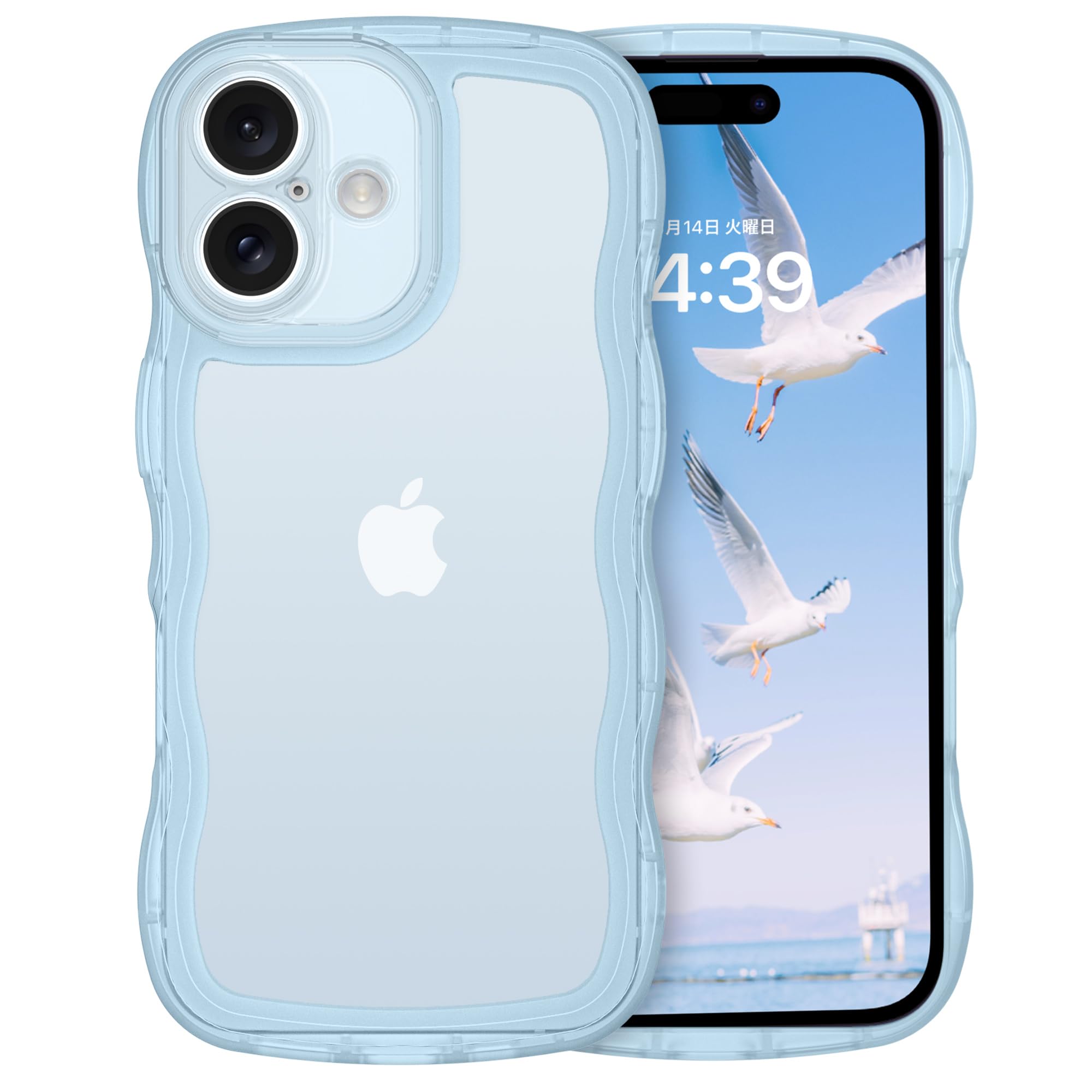 VENINGO iPhone 17 用 ケース ブルー アイフォン17 クリア ウェーブ おしゃれ TPU+PC 韓国 かわいい 可愛い スマホケース 人気 シンプル 滑り止め 薄型 軽量 耐衝撃 指紋防止 レンズ保護 ストラップホール付き シリコン TPU バンパー 6.3インチ
