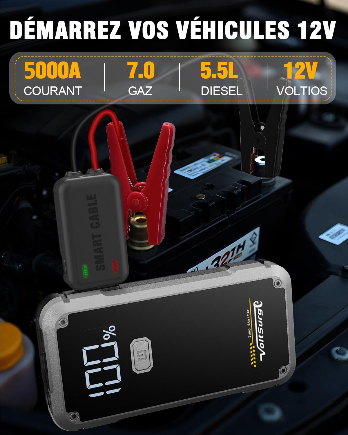 Démarreur de Batterie de Voiture 5000A - Démarreur Portable pour Moteurs Essence 7.0L ou Diesel 5.5L - Pinces de Batterie Incluses - Charge Rapide USB & Lampe LED d'urgence (D06)