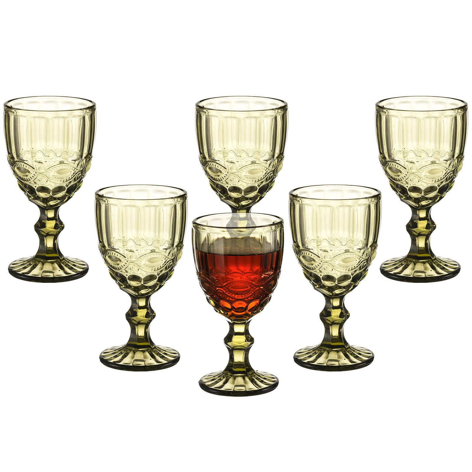 Photo 1 of **ONLY 5** Vintage Wine Glasses Set of 6, 10 Ounces Colored Glass Water Goblets, Unique Embossed Pattern High Clear Floral Green