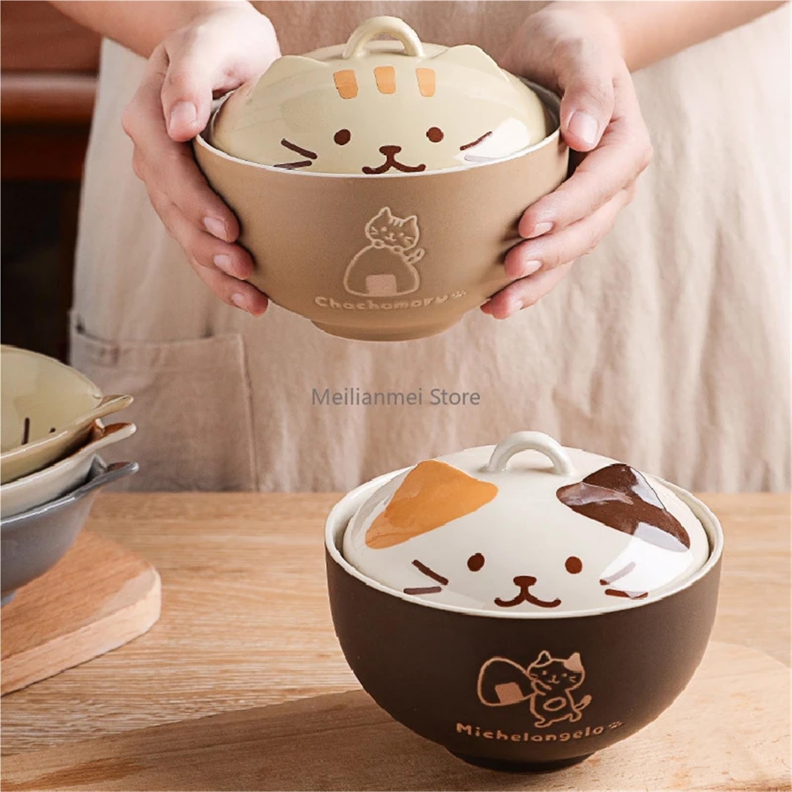 Bol à soupe japonais créatif en céramique avec couvercle, motif chat mignon de dessin animé, multi-usage pour nouilles instantanées, riz, vaisselle domestique (As)