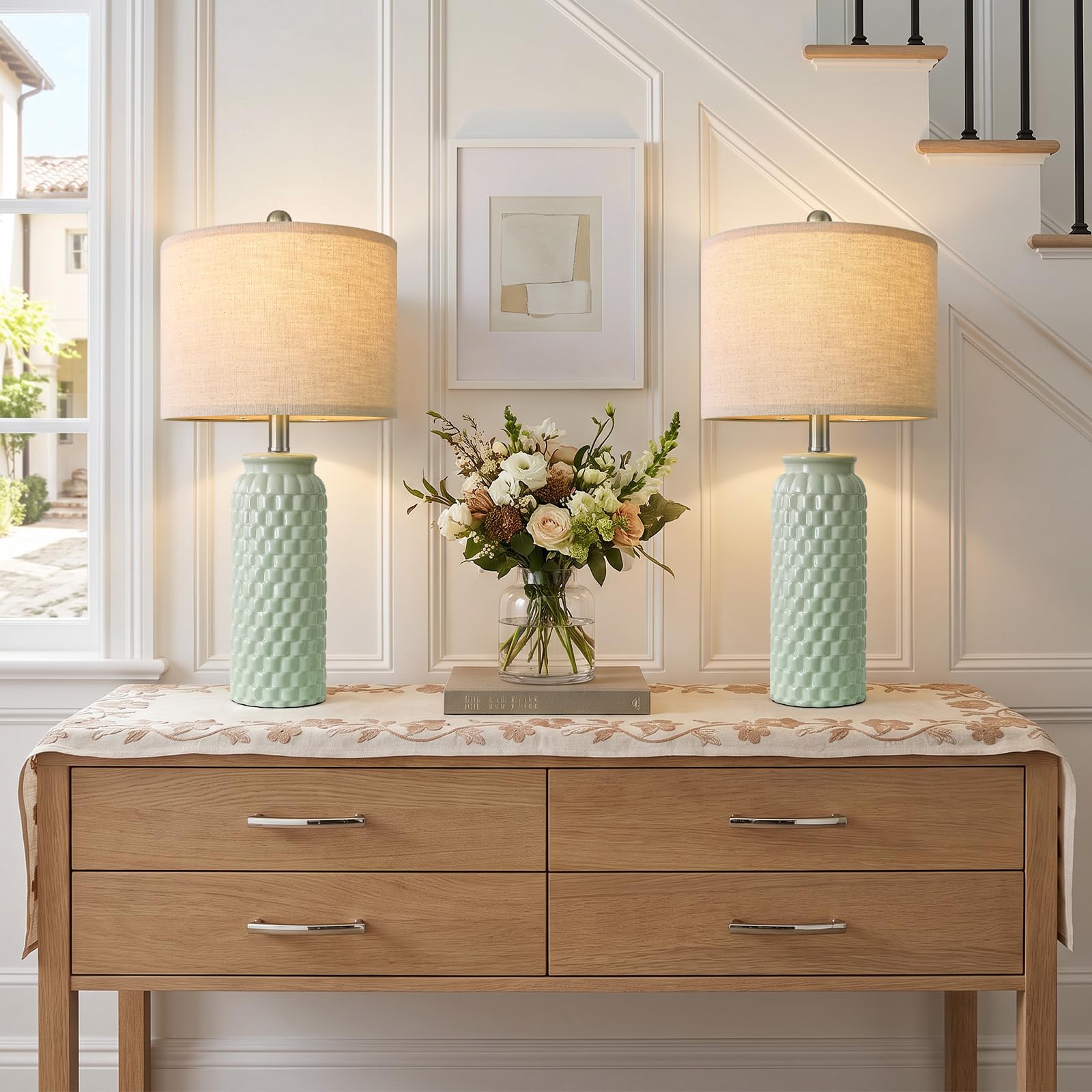 24" Modern Bedside Lamps Set of 2, Green Ceramic Nightstand Lamp