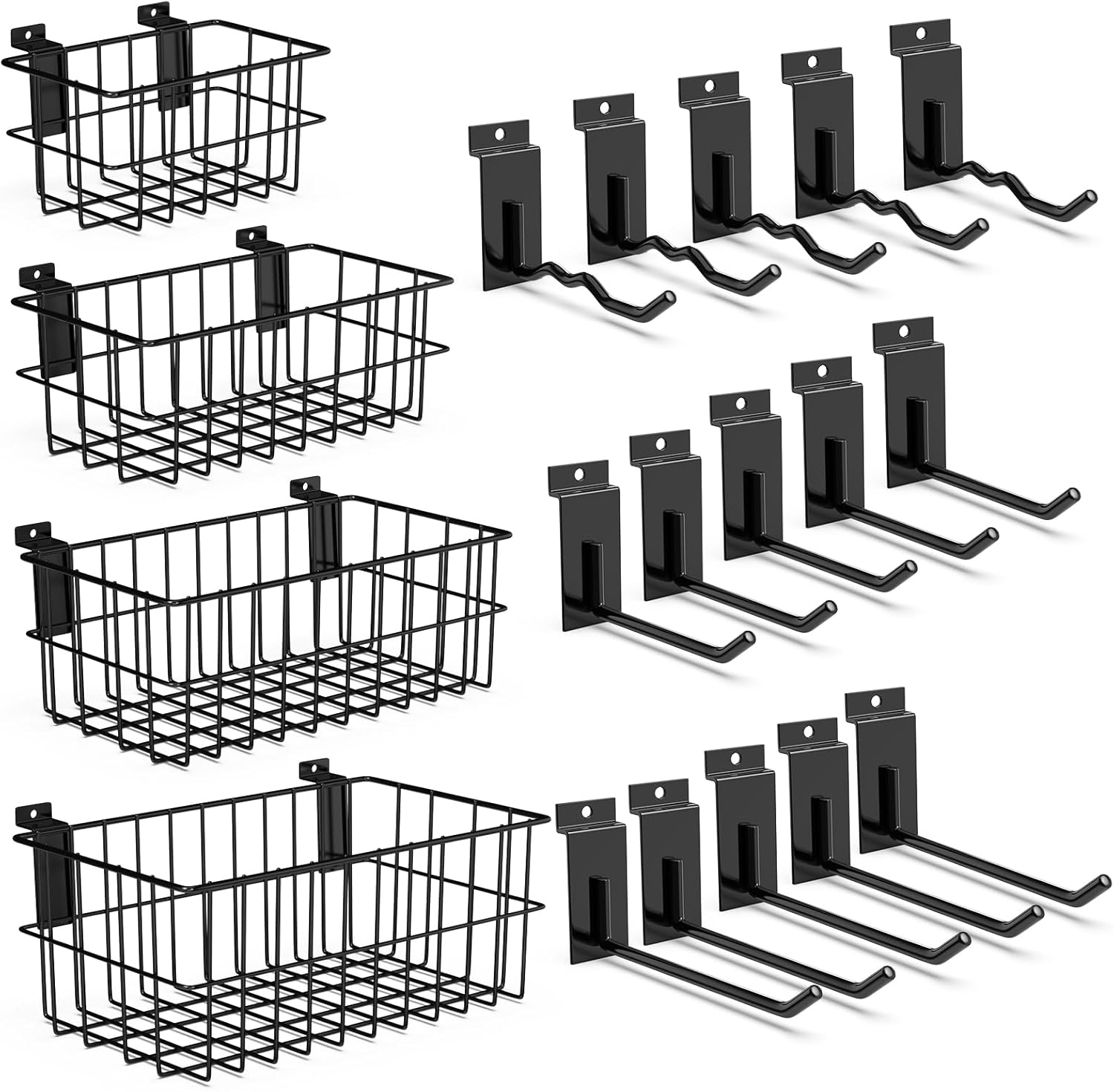 3-H Heavy-Duty Slatwall Accessories 15Pack and Slatwall Baskets 4Pack, Slatwall Hooks & Hangers Multi Sizes for Use in Garage, Workshop, Store, and Studio for Organization and Display