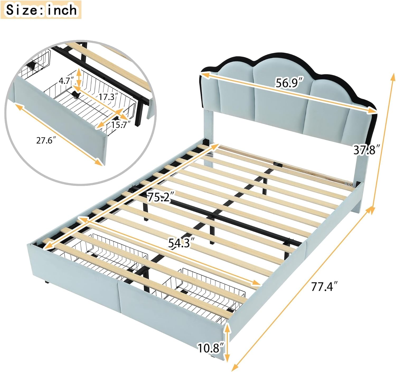 Velvet Full Size Bed Frame with Storage Drawers, Cute Platform Bed Frame with Shell Headboard and LED for Girls Boys