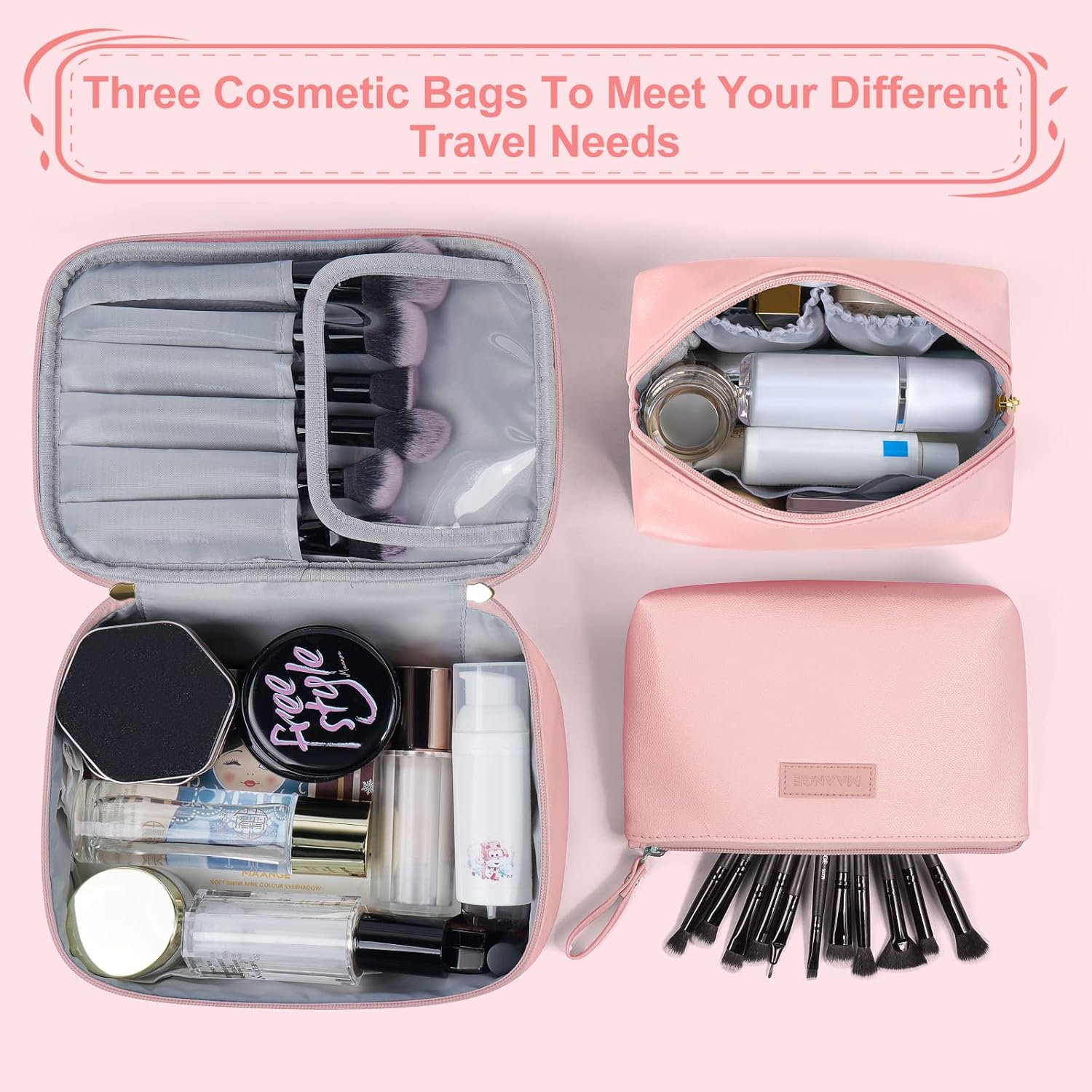 MAANGE Travel Makeup Bag - Large Makeup Bag with 2pcs Small Makeup Bag Portable Leather Cosmetic Bag Toiletry Bag Make Up Bags for Women and Girls (Pink) - Image 6
