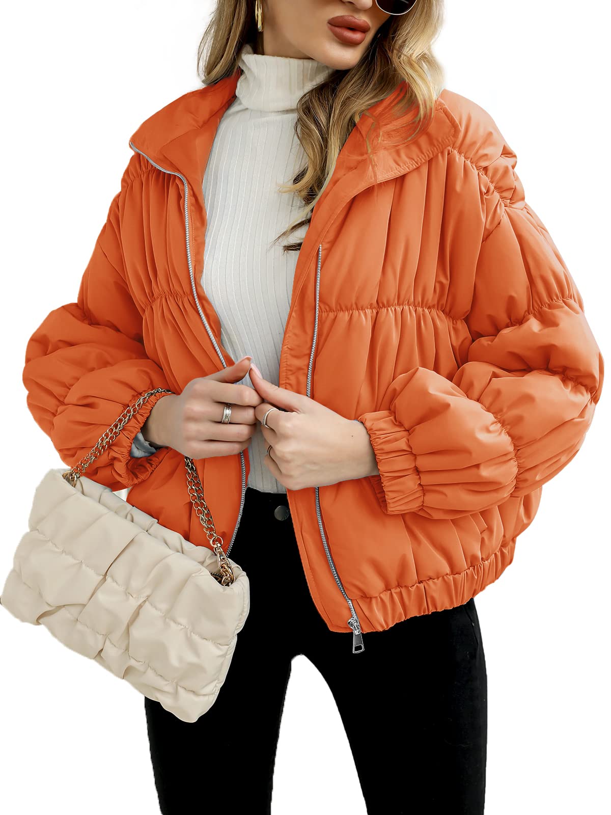 Jeanewpole1 Women's Quilted Puffer Stand Collar Jackets Winter Warm Zip