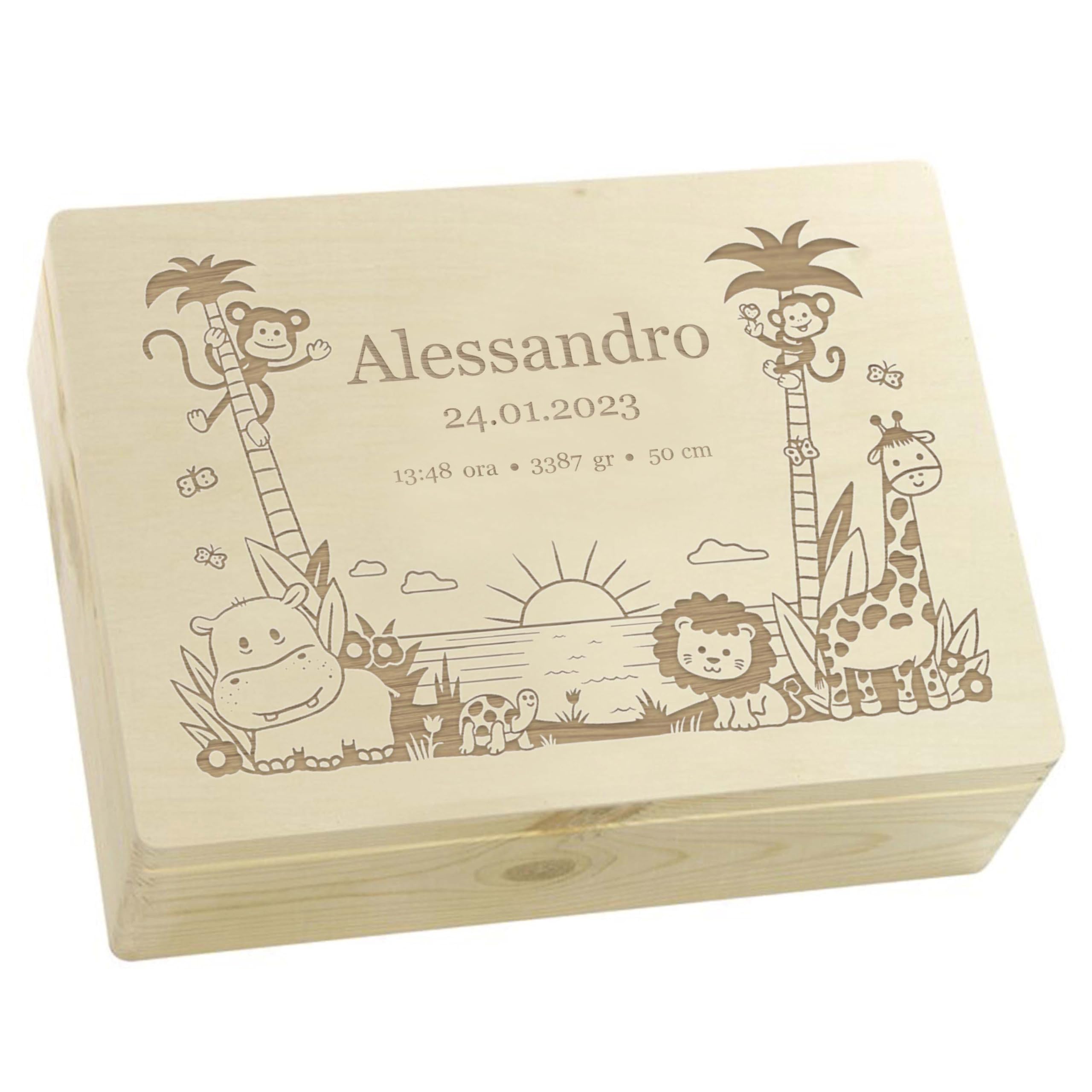 LAUBLUST Scatola dei ricordi per bambini - Giungla - Regalo personalizzato per il bambino | Taglia L, ca. 40 x 30x 14 cm, Naturale - Scatola decorativa in legno con coperchio, FSC®
