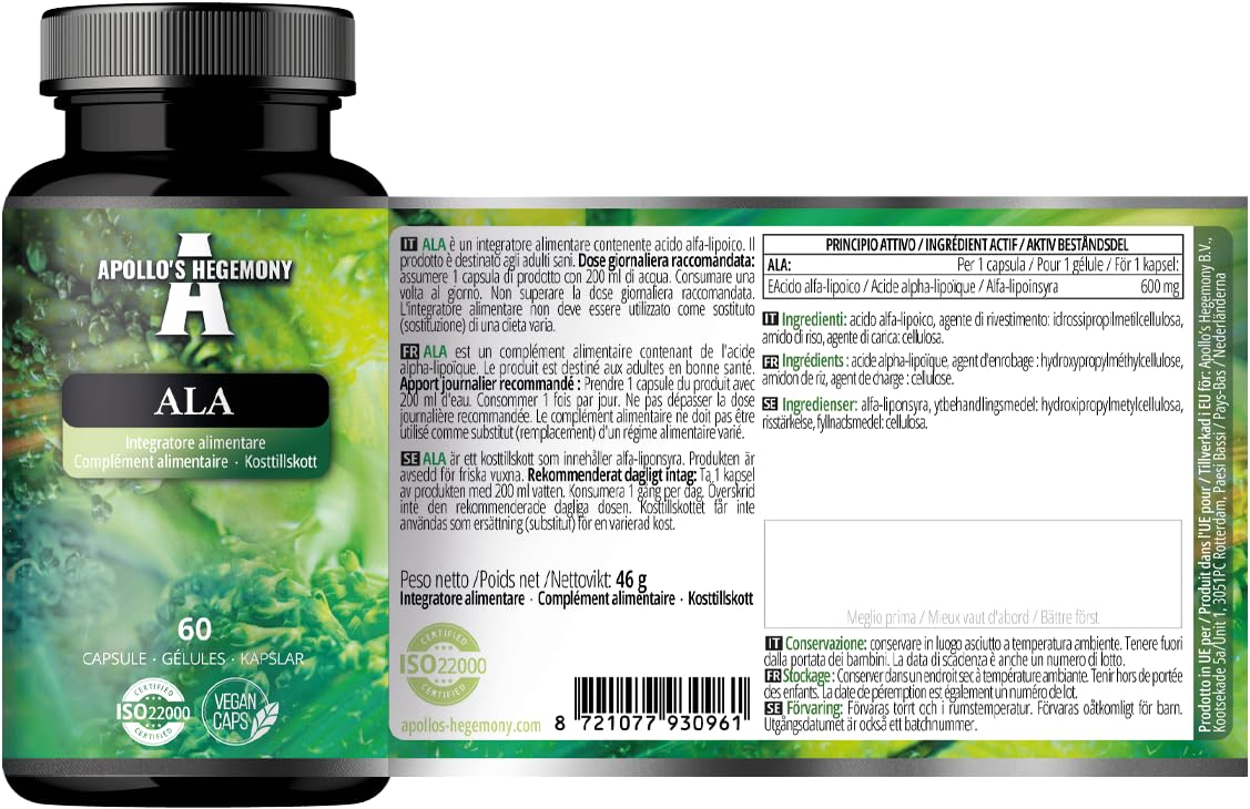 ALA (Alpha Lipoic Acid) 600 mg - 60 gélules végétaliennes - Optimise la gestion du glucose - Soutient la santé mitochondriale - Approvisionnement de deux mois - par Apollo's Hegemony