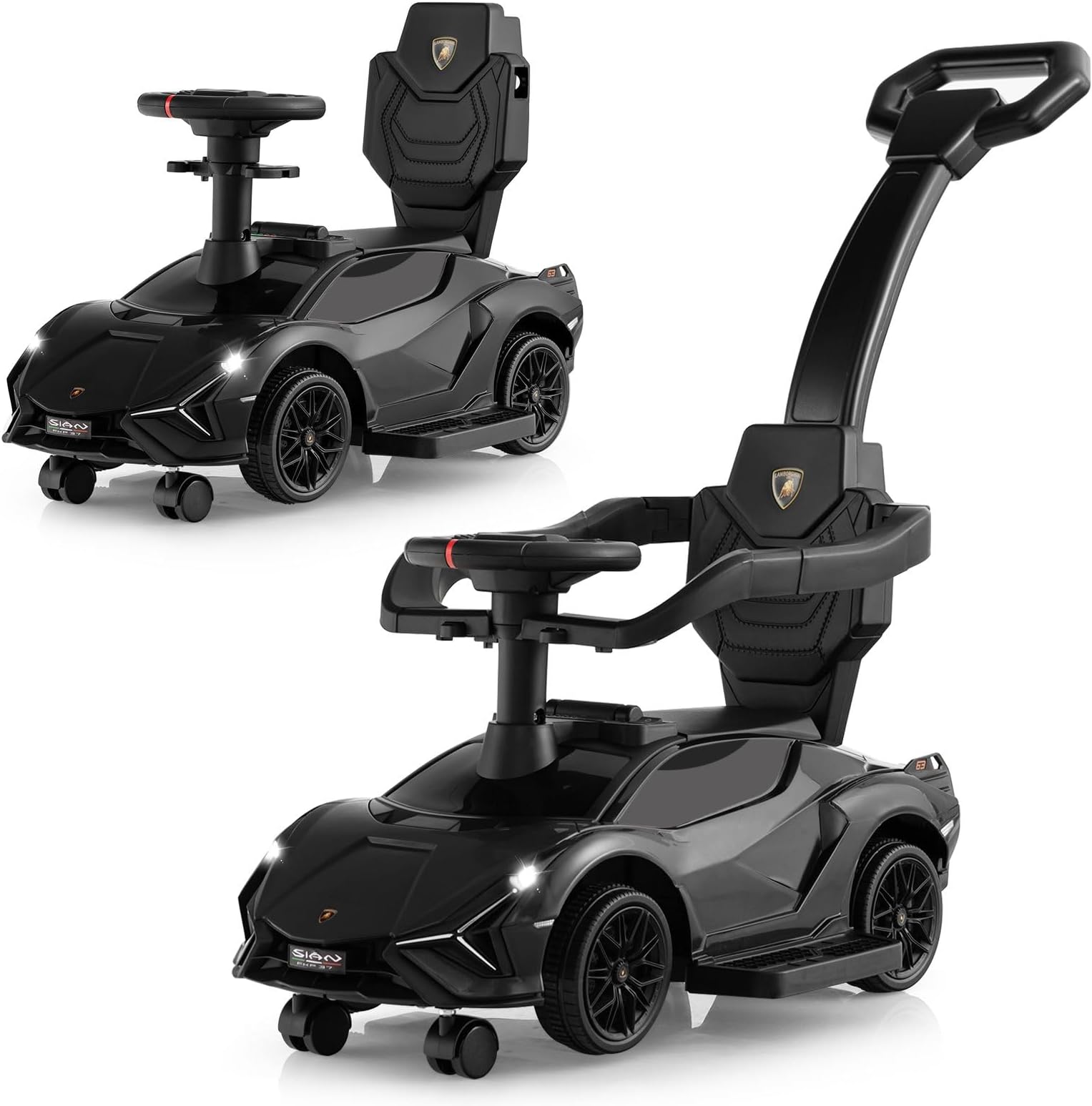 COSTWAY 3 in 1 Ride on Push Car, Licensed Lamborghin Foot to Floor Slider with Removable Handle & Guardrail, USB, Headlights, Music, Under Seat Storage, Toddler Sliding Car for 18-60 Months (Black)