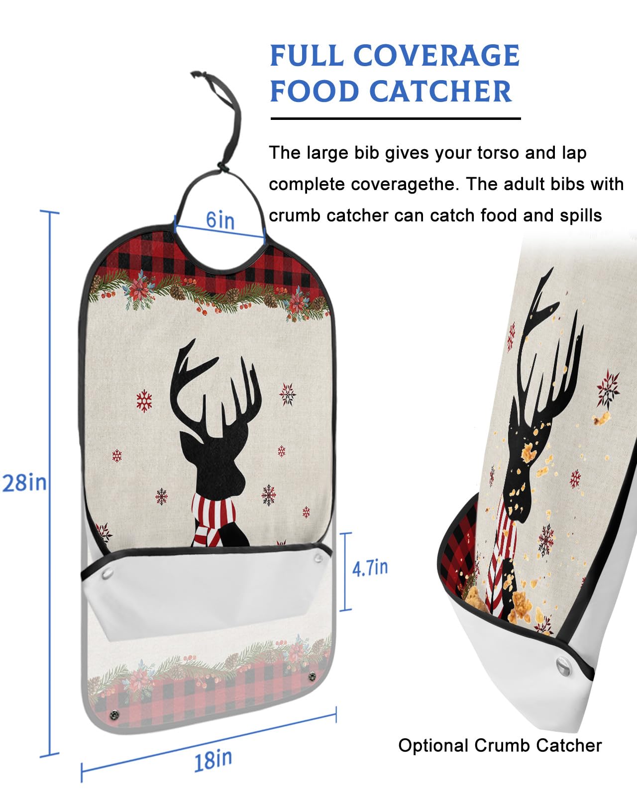 Christmas Elk Adult Bibs for Eating, Waterproof Bibs with Food Catcher & Adjustable Snap Closure, Winter Snowflake Red Black Checkered Washable Clothing Protectors Adult Bibs for Elderly Women/Men