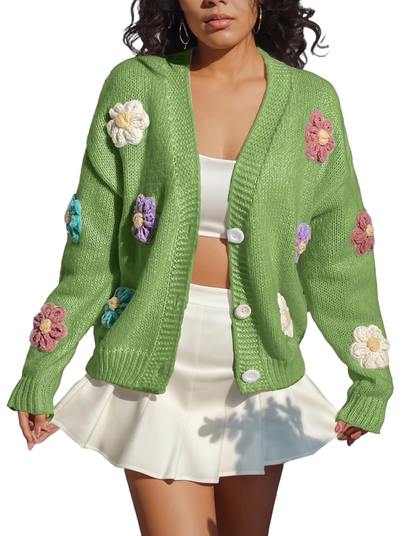 LKOUS Womens Knit Cardigan Sweater Long Sleeve 3D Floral Print V-Neck Button Down Open Front Sweater Coat Outwear